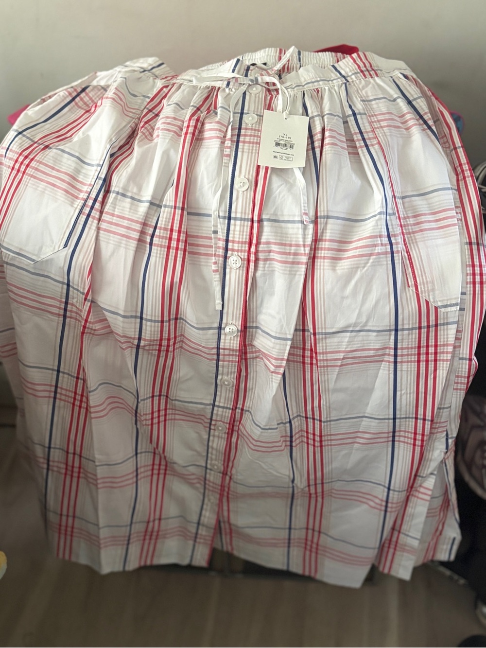 White Plaid A-Line Skirt with Red & Blue Stripes